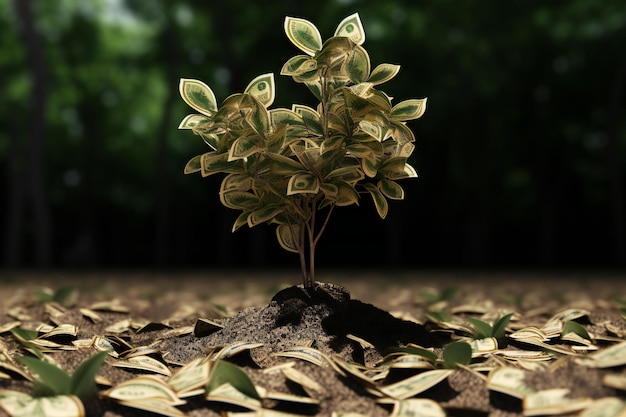 1ドル紙幣の山から成長する緑の植物