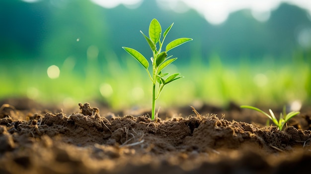 Photo green plant growing from soil in sunny day