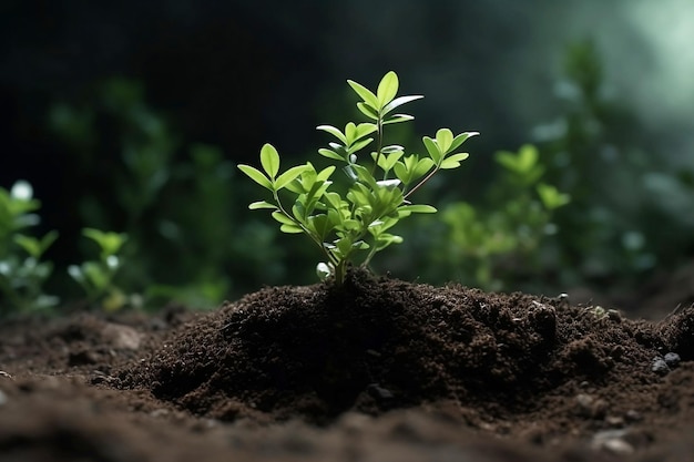 良い土壌で育つ緑の植物 若い植物 地面からの日光で成長するマクロ 写実的なイラスト 自然 有機 AI 生成イラスト