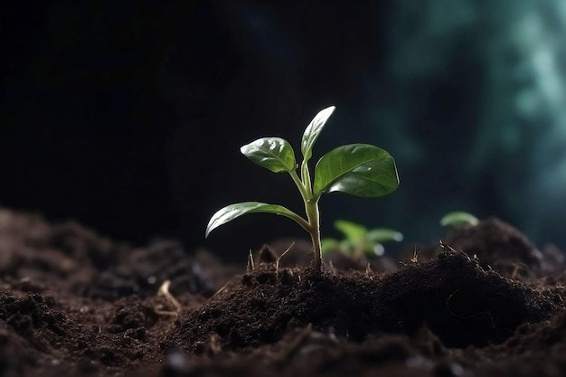 良い土壌で育つ緑の植物 若い植物 地面からの日光で成長するマクロ 写実的なイラスト 自然 有機 AI 生成イラスト