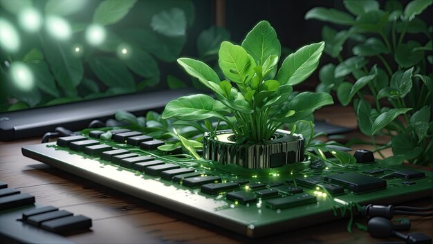 Photo a green plant growing out of a computer chip