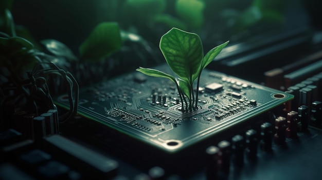 Photo green plant growing out of a motherboard generative ai