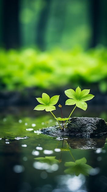 A green plant growing out of a rock in the water