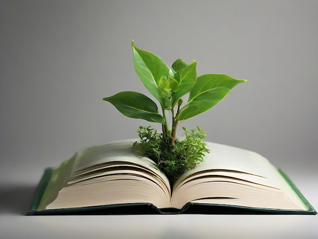 Photo green plant growing on the pages of a book