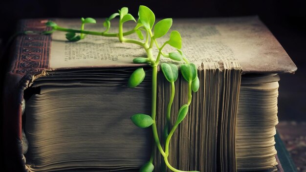 Зелёное растение, растущее на страницах книги
