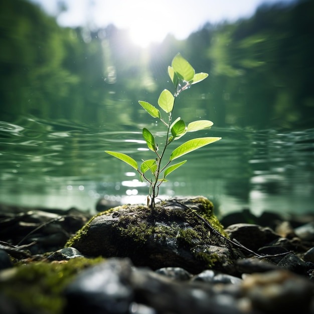 A green plant growing in water