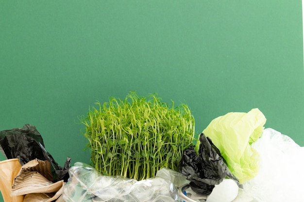 Green plant grows among plastic garbage Bottles and bags on green background