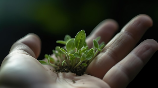 Photo green plant on the hand generative ai ai generated