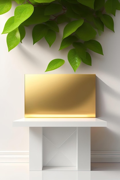 a green plant hanging from a white shelf.