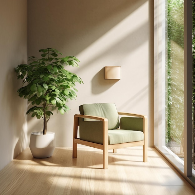 a green plant is next to a chair and a potted plant.