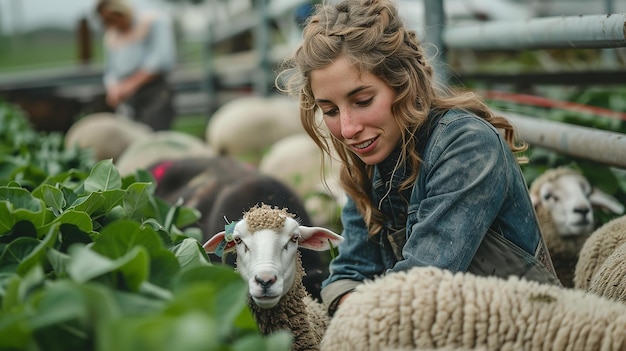 A green plant is in front of a woman as she feeds sheep in a pen blurry backdrop Generative ai