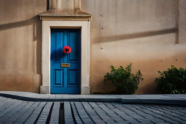 a green plant is growing next to a blue door.