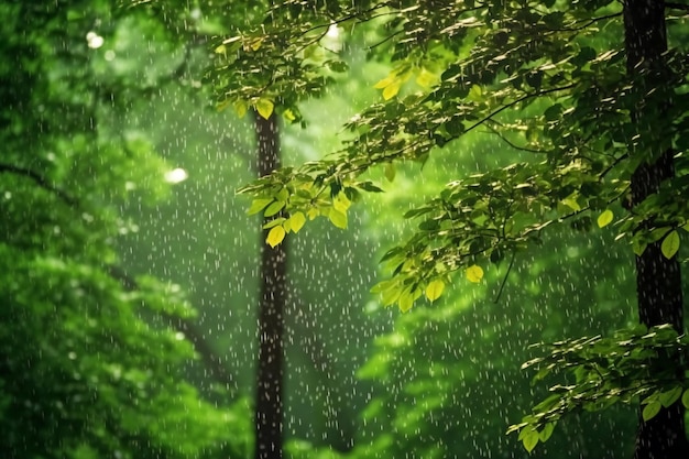 雨の中で緑の植物が育っている