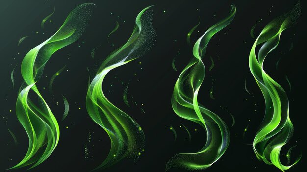 Photo green plant leaves decorated with abstract swirls isolated on transparent background 3d modern illustration of wavy wind trails shining with sparkles symbol of natural purity and sustainability