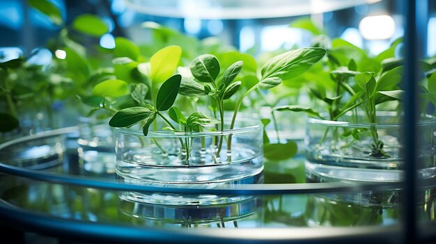 Green plant in Petri dish on table in laboratory