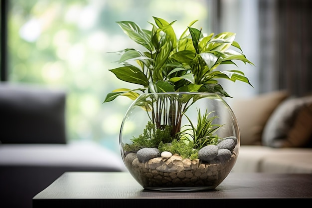 Зеленое растение в горшке на кофейном столе на фоне уютного дивана размывает фон ИИ