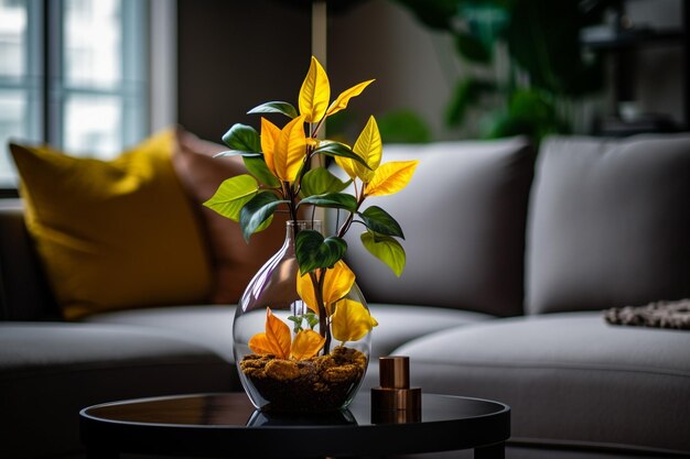 Green plant in a pot on a coffee table against the backdrop of a cozy sofa blur background AI