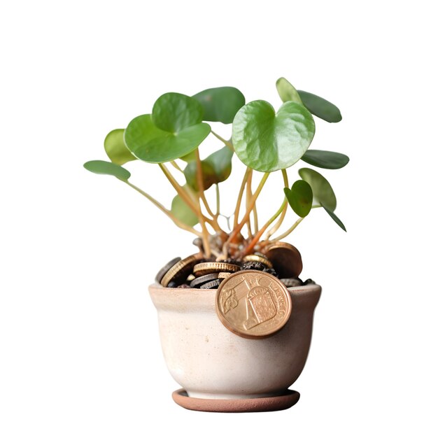 Green plant in a pot with coins isolated on a white background