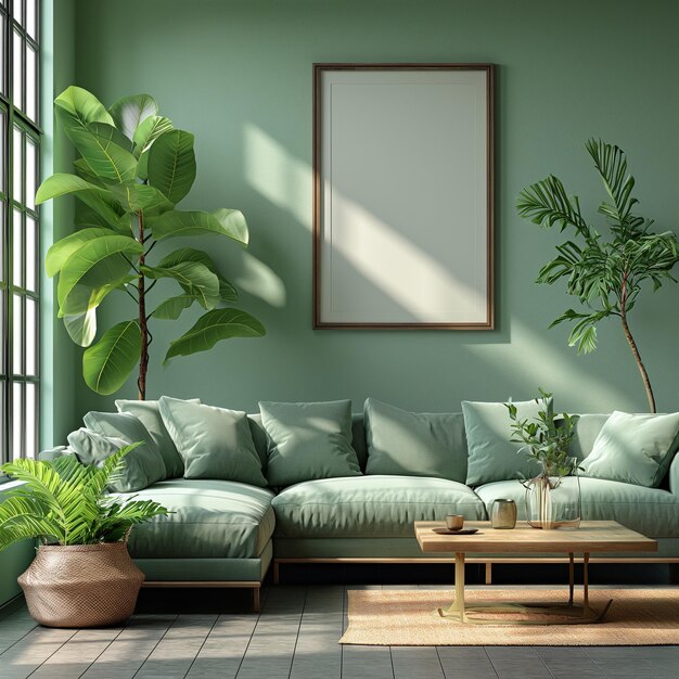 green plant and sofa in living room with frame and space on wall