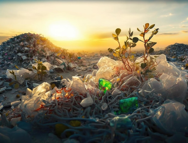 ゴミ捨て場の廃棄物リサイクルコンセプトのプラスチック廃棄物から緑の植物が芽吹く