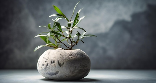 Green plant in vase outside stone