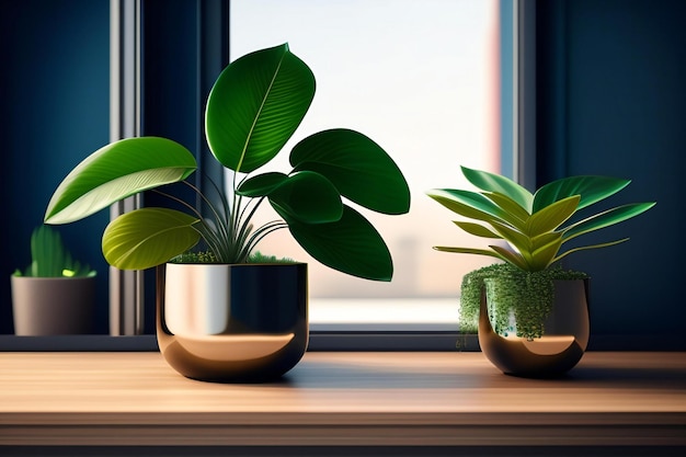 Green plant in vase on wooden table with black wall background