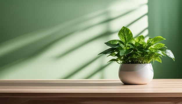 棚の上にある白い花瓶の中の緑の植物