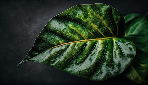 Фото Зеленое растение с каплей росы на жилке листа макро, сгенерированное ии