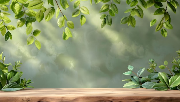 Foto una pianta verde con foglie verdi e una tavola di legno con uno sfondo verde