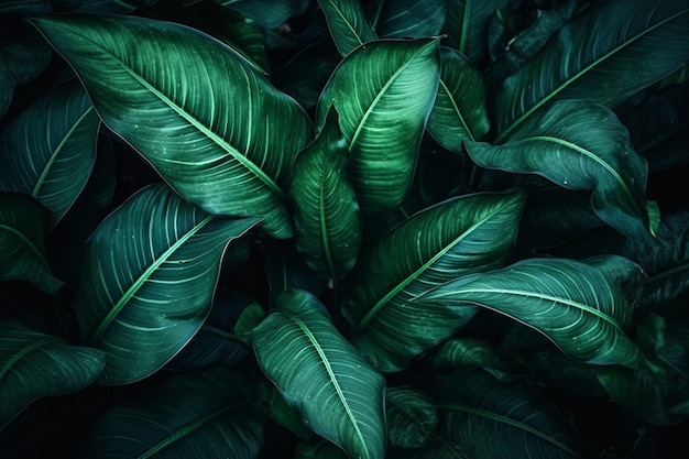 Зеленое растение с большими листьями в темноте