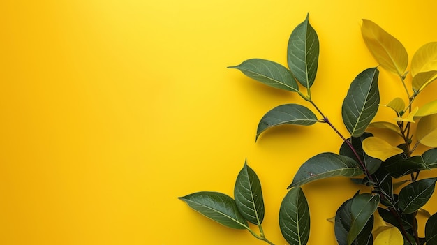 黄色 の 背景 に 葉 が ある 緑 の 植物