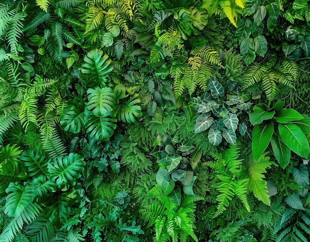 多くの緑の葉と黄色い背景を持つ緑の植物