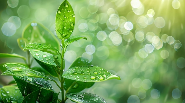 Photo a green plant with rain drops on it