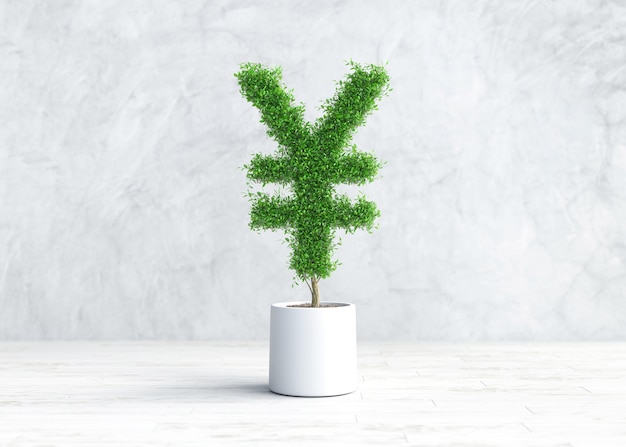 Green plant with the shape of YEN currency symbol in a pot