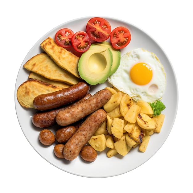 green plantain chips fried sausage scramble eggs with cheese tomatoes avocado