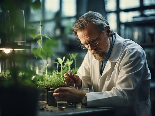 Green plants being grown in a garden by an agronomist biologist generative ai