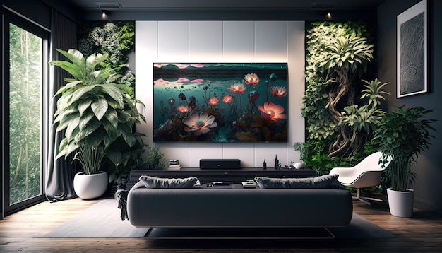 현대 거실 고급 인테리어 생성 AI의 녹색 식물과 대형 TV 화면