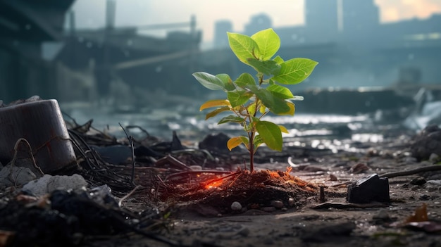 Photo green plants grow in a trash pollution environment background wallpaper ai generated image