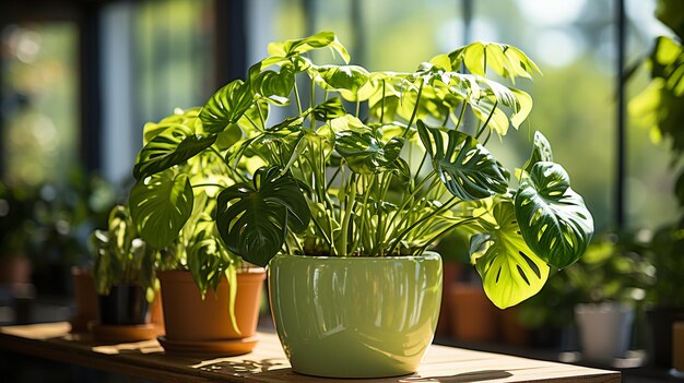 写真 窓際の鉢の中の緑の植物