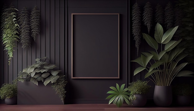 Green plants on stands in the luxurious interior of the classic style of the black dining room