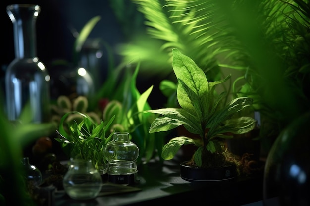 Green plants on a table next to microscope in a lab with Generative AI