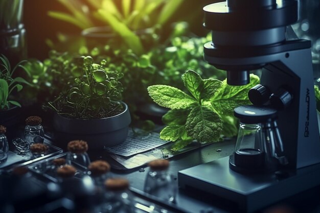 Green plants on a table next to microscope in a lab with Generative AI