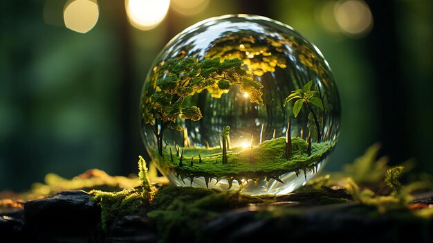 Green plants and trees in a glass sphere The concept of environmental protection