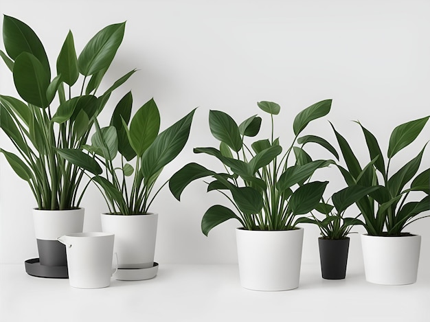 Photo green plants with big leaves in white and black pots on a white background