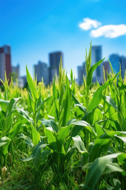 a green plants with a city in the background