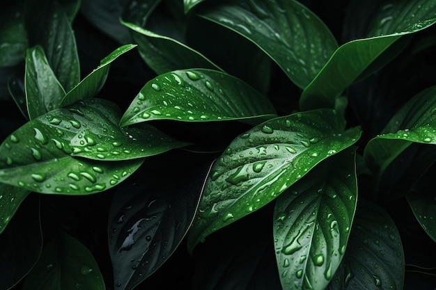 사진 어두운 방에 물방울이 있는 녹색 식물