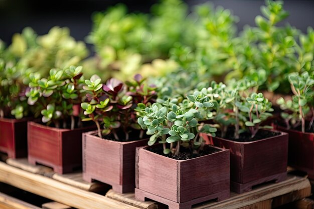 Green plants in wooden boxes Gardening concept Selective focus