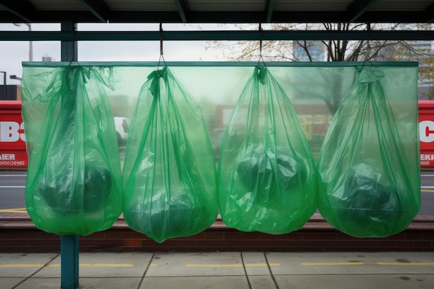 Green plastic bags are featured on a campaign banner promoting the practice of reduce reuse and recy