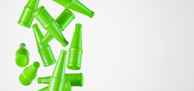 Green plastic bottles falling down over white background Garbage recycling and planet saving concept 3d render illustration