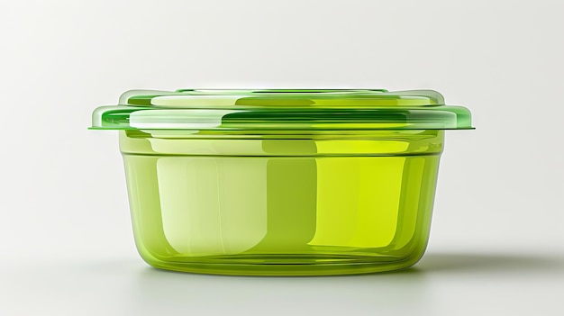 A green plastic container with lid on a white surface